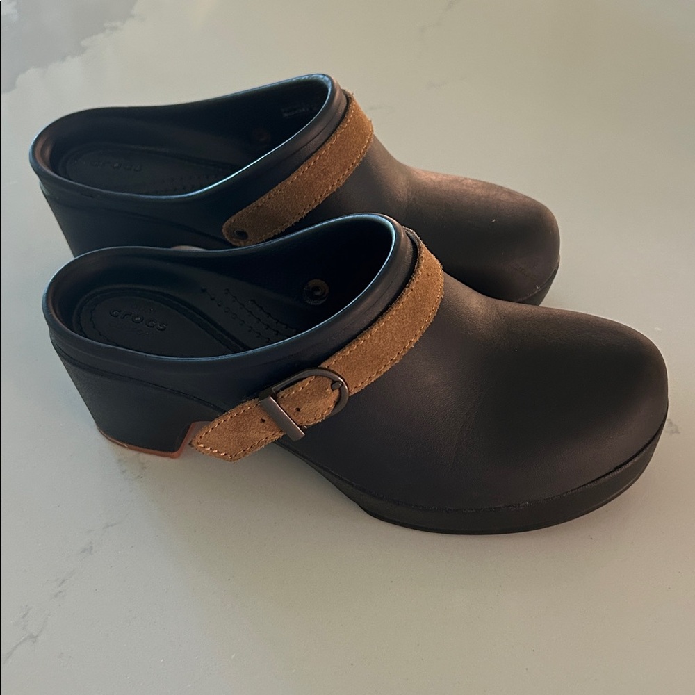 CROCS Black Clogs with Tan Strap